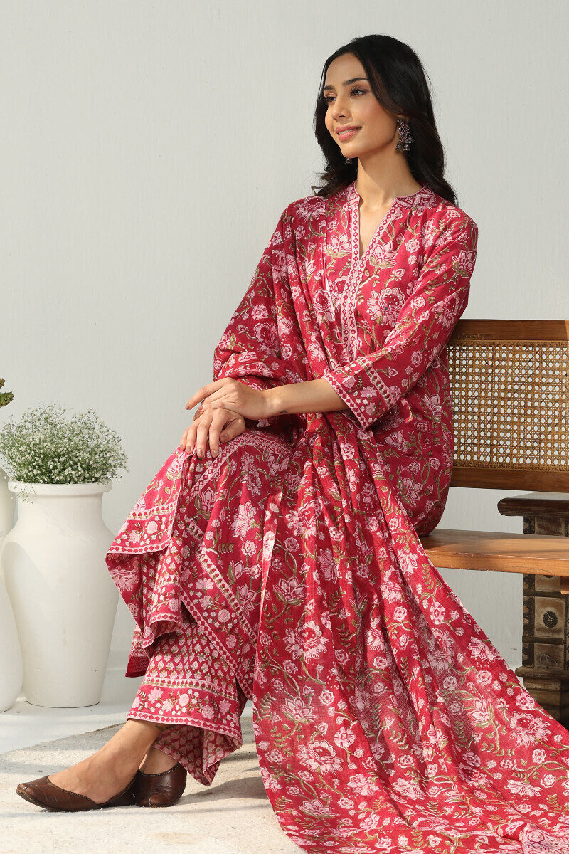 Pink Hand Block Printed A-Line Cotton Kurta