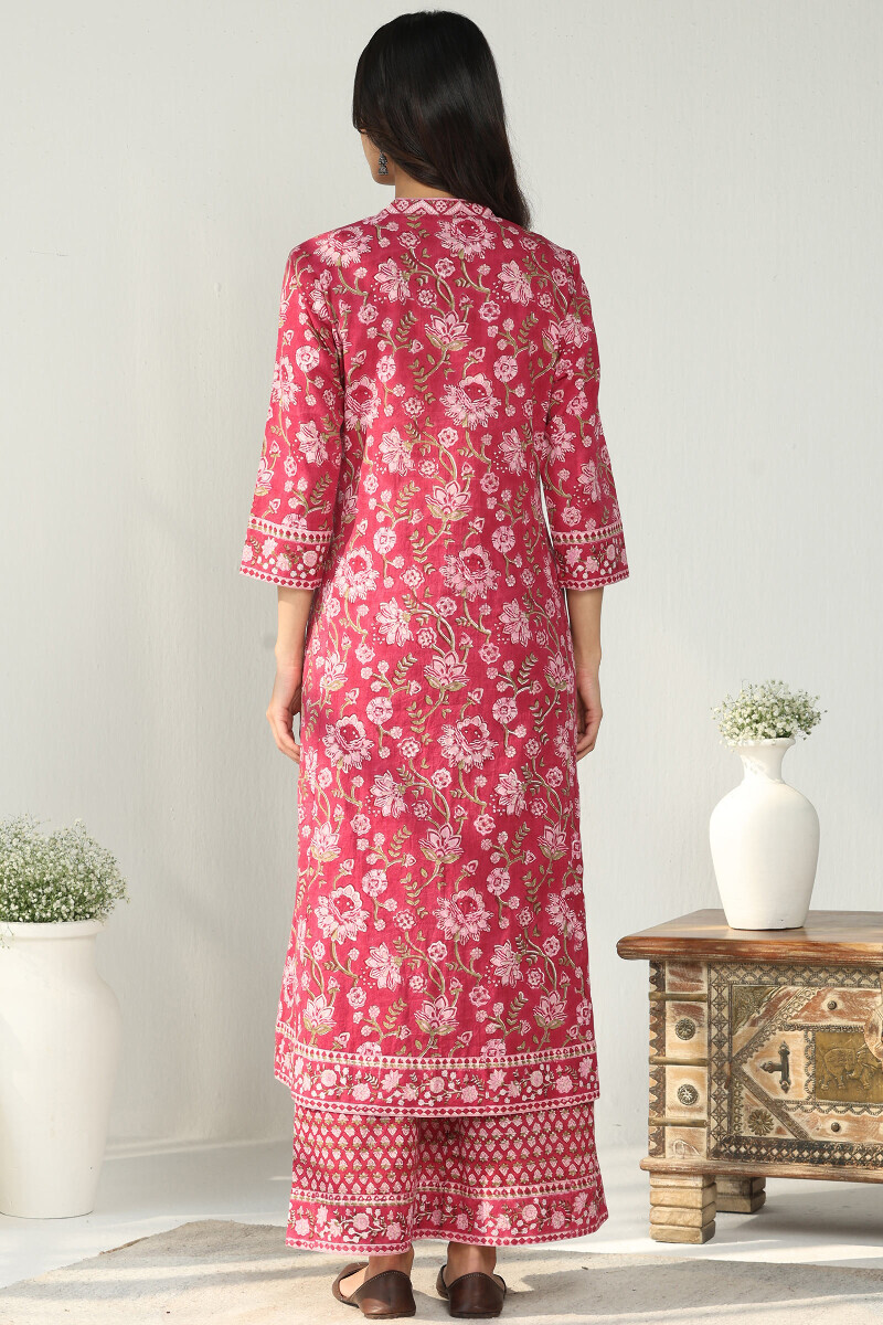 Pink Hand Block Printed A-Line Cotton Kurta