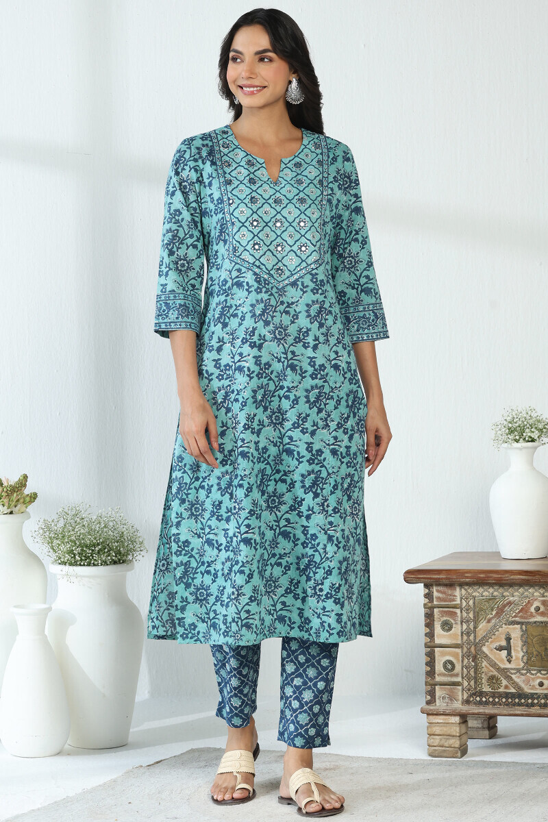 Blue Hand Block Printed Straight Cotton Slub Kurta