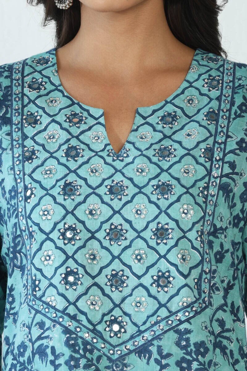 Blue Hand Block Printed Straight Cotton Slub Kurta