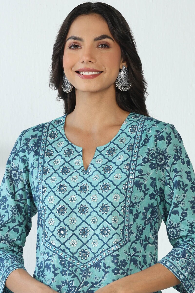 Blue Hand Block Printed Straight Cotton Slub Kurta