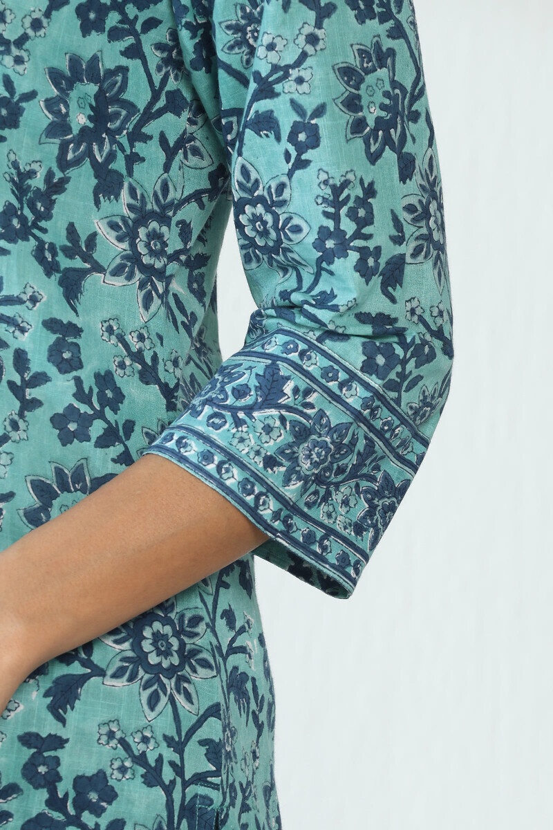 Blue Hand Block Printed Straight Cotton Slub Kurta