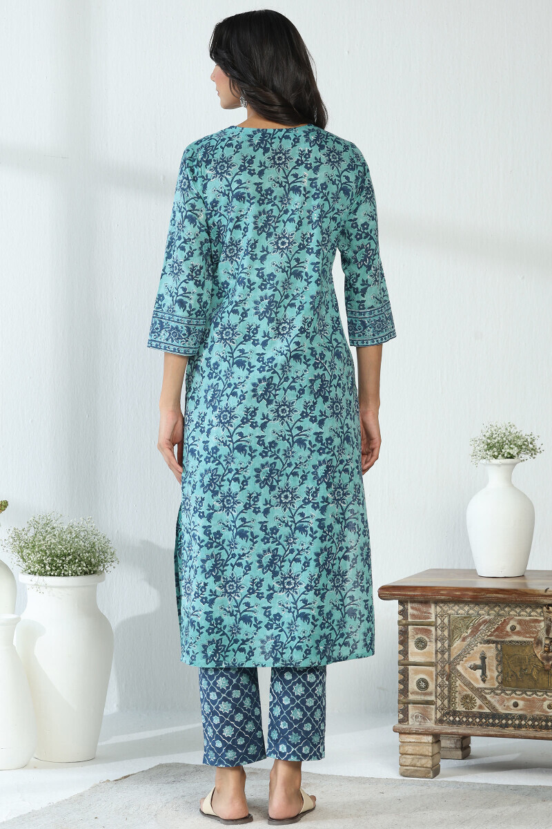 Blue Hand Block Printed Straight Cotton Slub Kurta