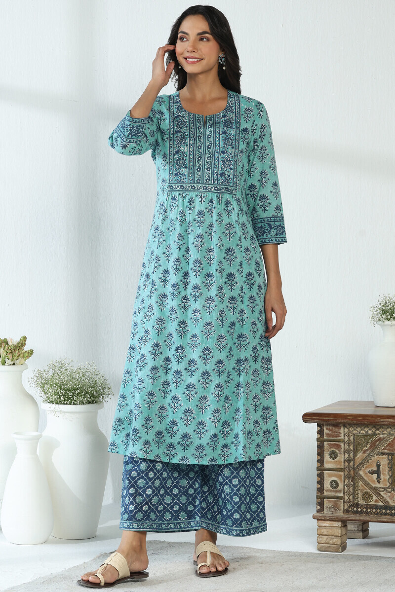 Blue Hand Block Printed A-Line Cotton Slub Kurta