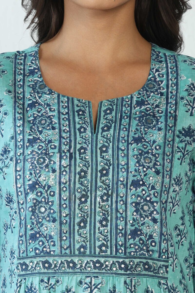 Blue Hand Block Printed A-Line Cotton Slub Kurta