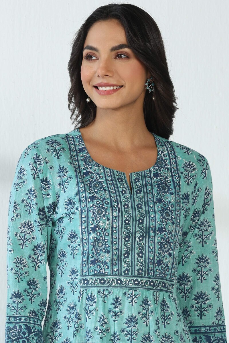 Blue Hand Block Printed A-Line Cotton Slub Kurta