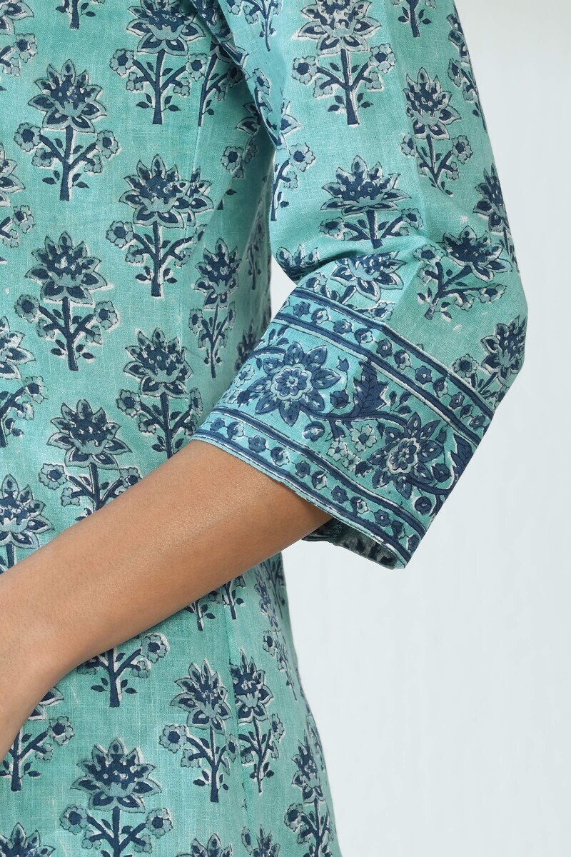 Blue Hand Block Printed A-Line Cotton Slub Kurta