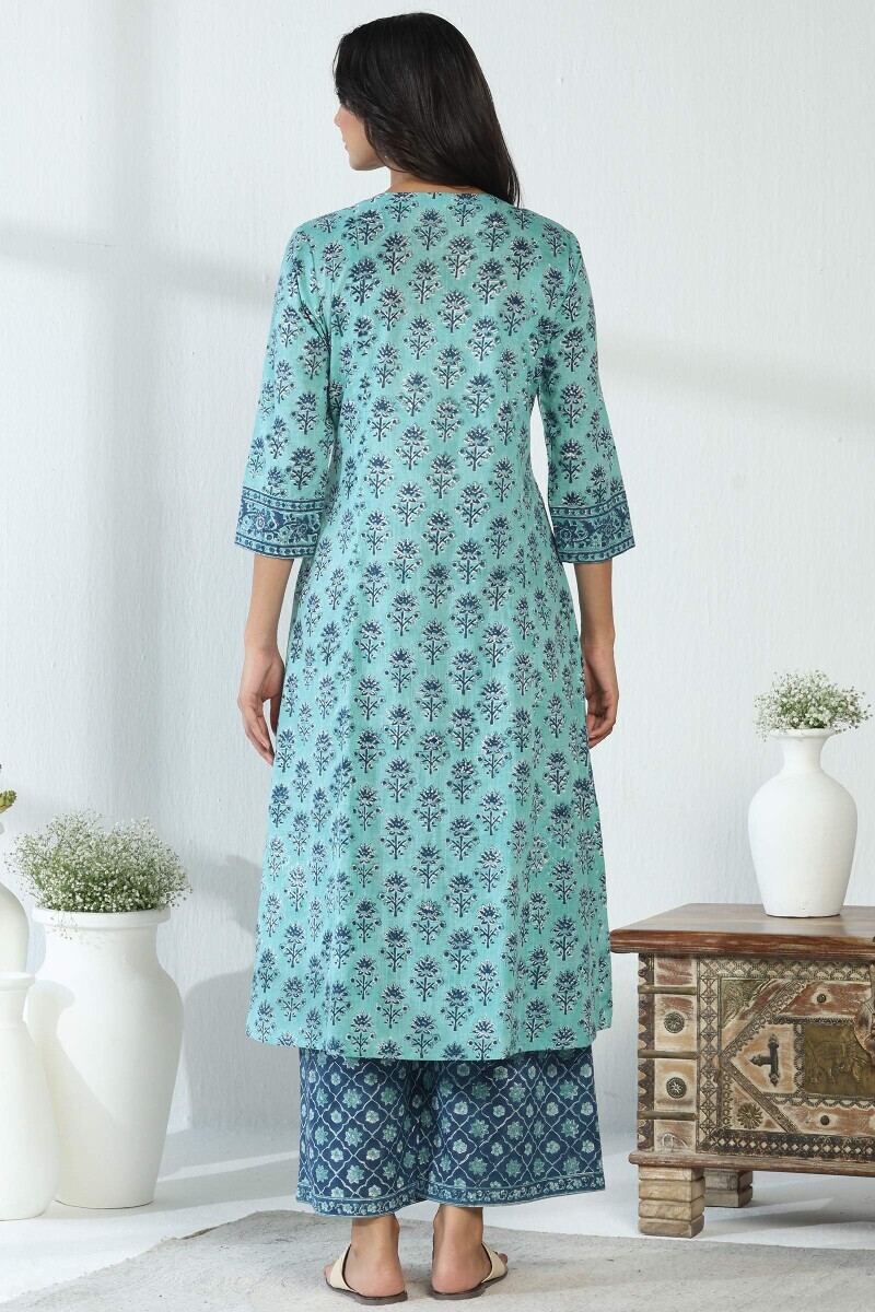 Blue Hand Block Printed A-Line Cotton Slub Kurta