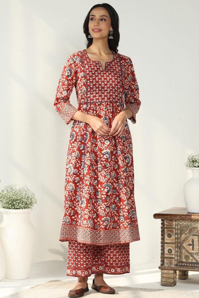 Red Hand Block Printed A-Line Cotton Kurta