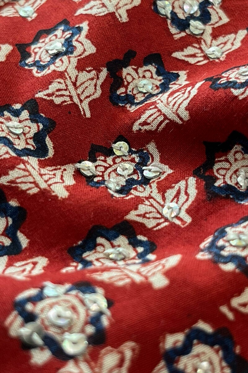 Red Hand Block Printed A-Line Cotton Kurta