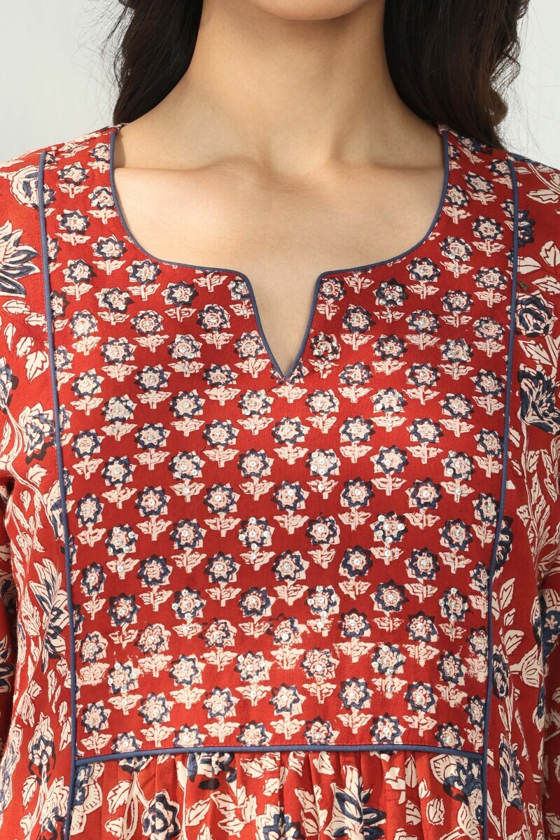 Red Hand Block Printed A-Line Cotton Kurta