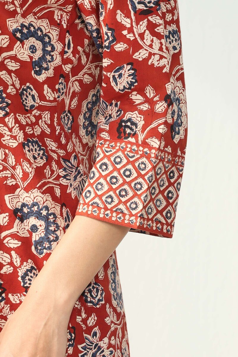 Red Hand Block Printed A-Line Cotton Kurta