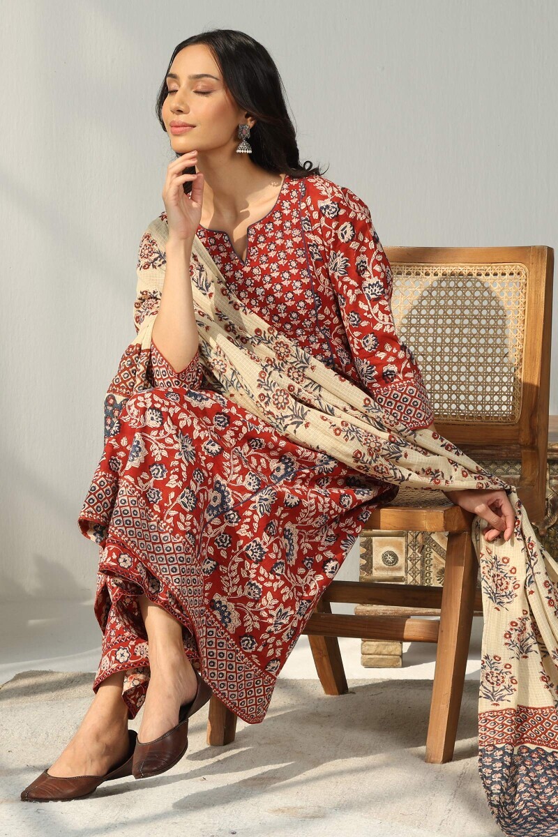 Red Hand Block Printed A-Line Cotton Kurta