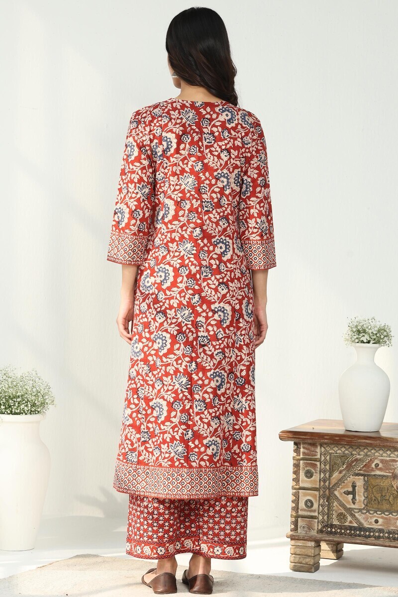 Red Hand Block Printed A-Line Cotton Kurta