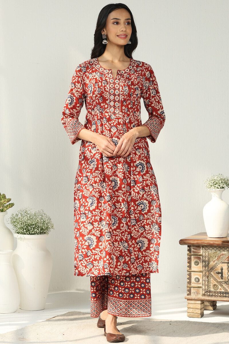 Red Hand Block Printed Straight Cotton Kurta