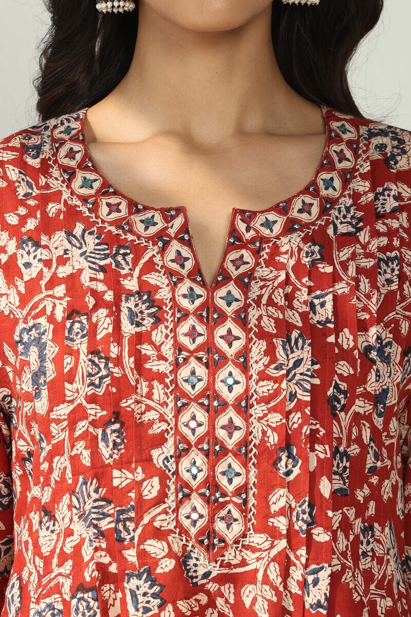 Red Hand Block Printed Straight Cotton Kurta