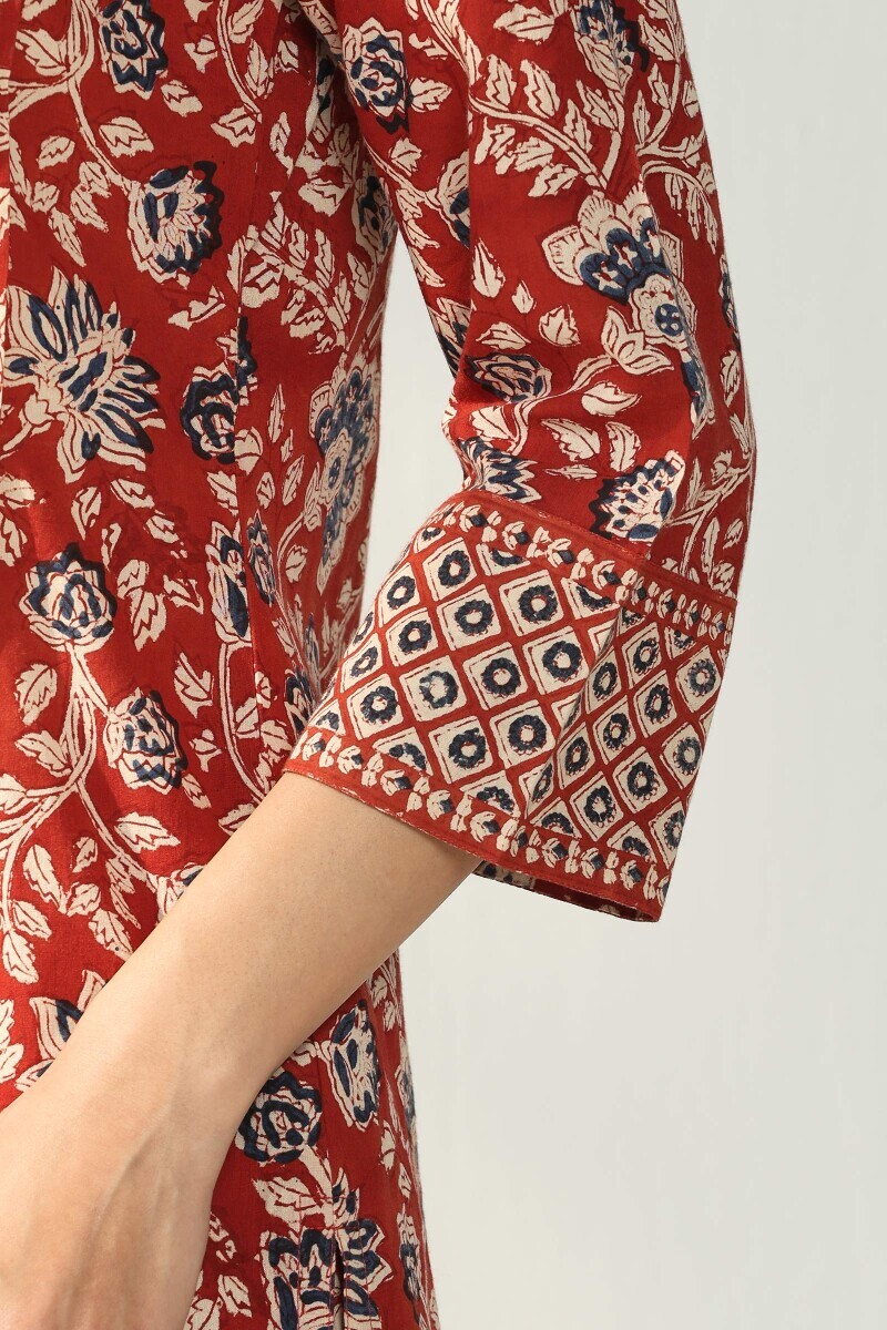 Red Hand Block Printed Straight Cotton Kurta