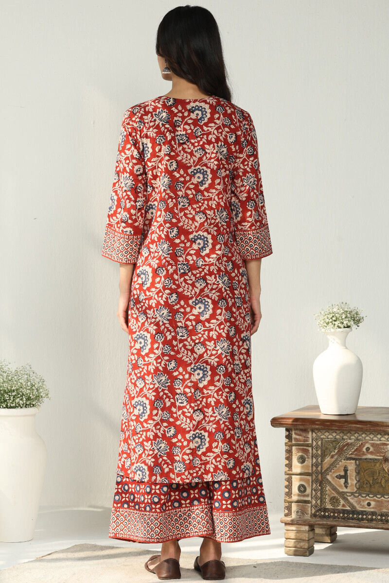 Red Hand Block Printed Straight Cotton Kurta