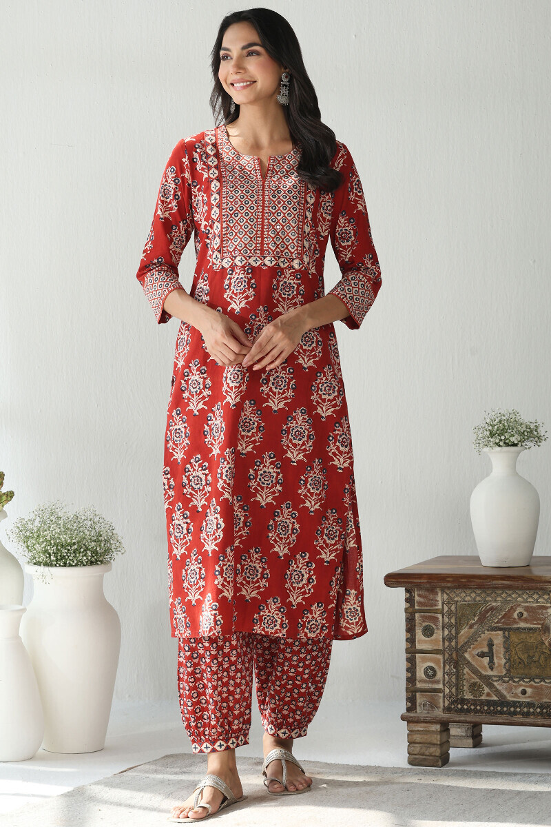 Red Hand Block Printed Straight Cotton Kurta