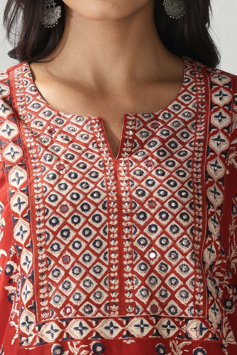 Red Hand Block Printed Straight Cotton Kurta