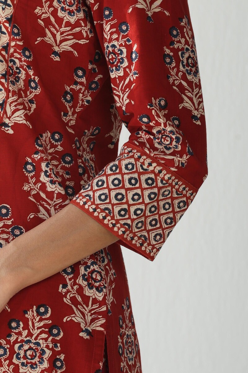Red Hand Block Printed Straight Cotton Kurta