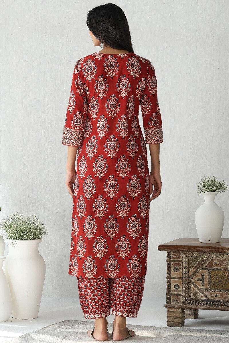 Red Hand Block Printed Straight Cotton Kurta