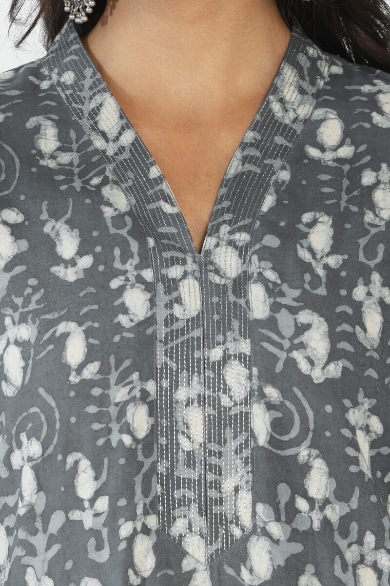 Grey Hand Block Printed Straight Viscose Kurta