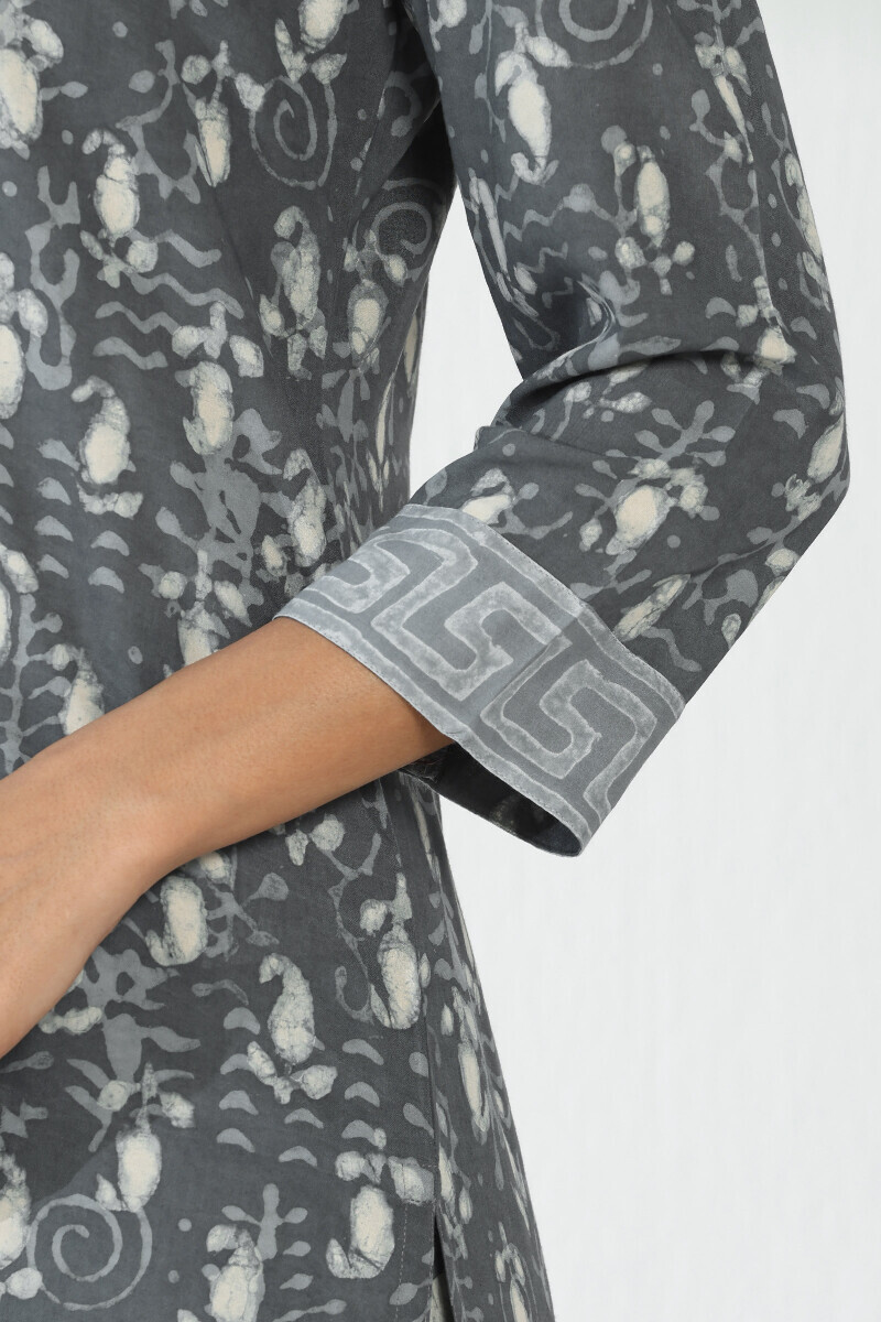 Grey Hand Block Printed Straight Viscose Kurta