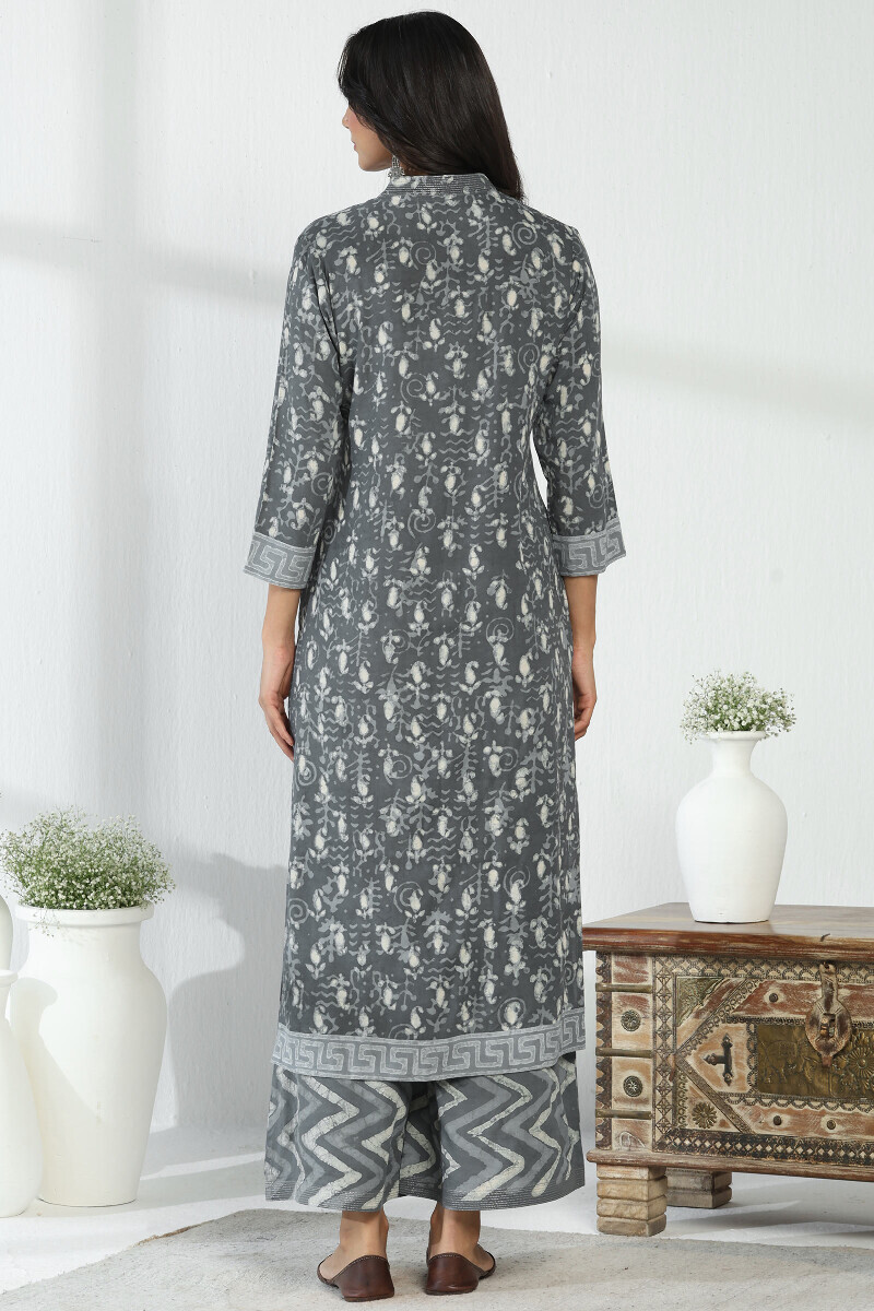 Grey Hand Block Printed Straight Viscose Kurta