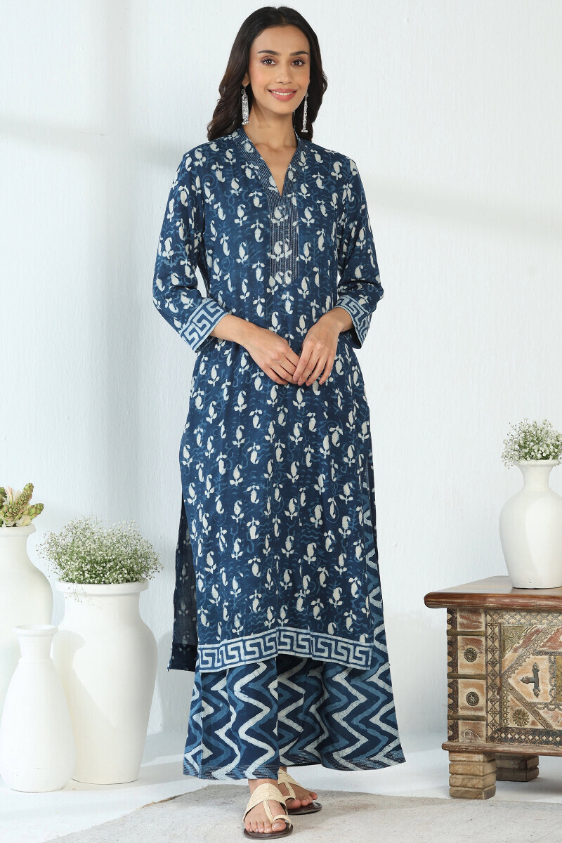 Indigo Hand Block Printed Straight Viscose Kurta