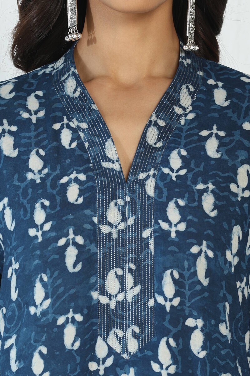 Indigo Hand Block Printed Straight Viscose Kurta