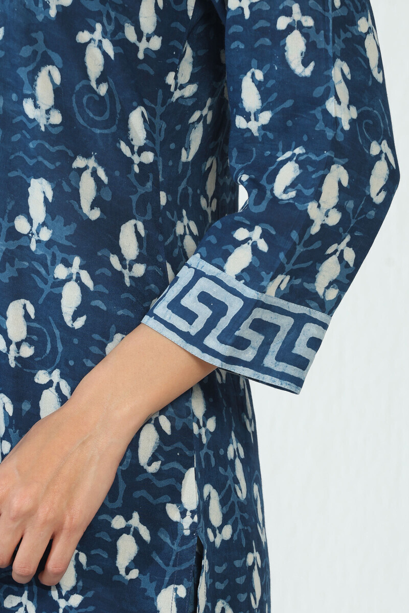 Indigo Hand Block Printed Straight Viscose Kurta