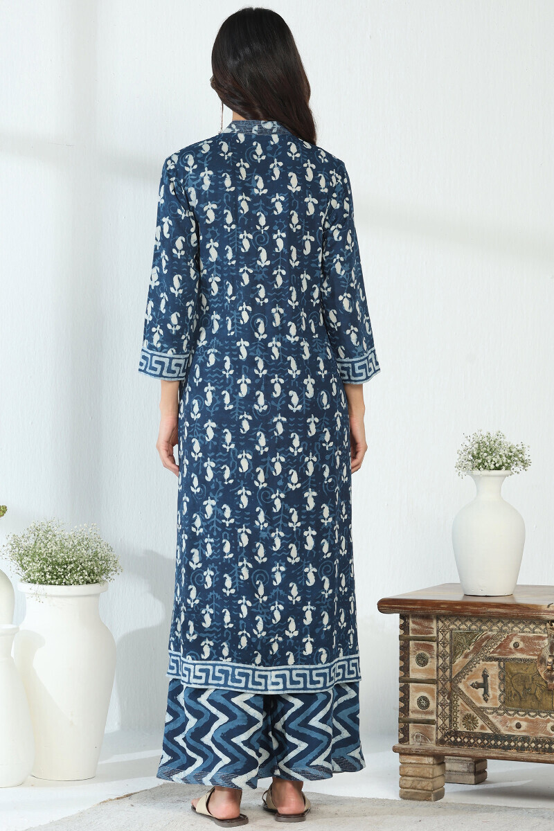 Indigo Hand Block Printed Straight Viscose Kurta