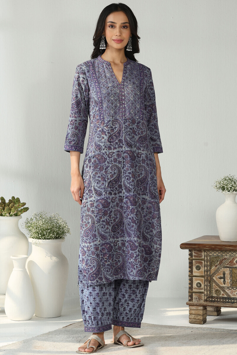 Purple Hand Block Printed Straight Cotton Dobby Kurta