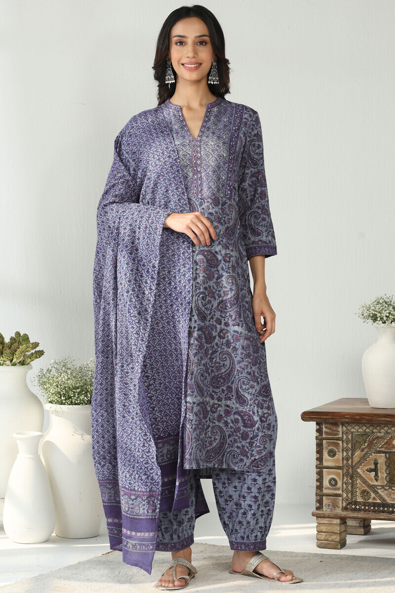 Purple Hand Block Printed Straight Cotton Dobby Kurta