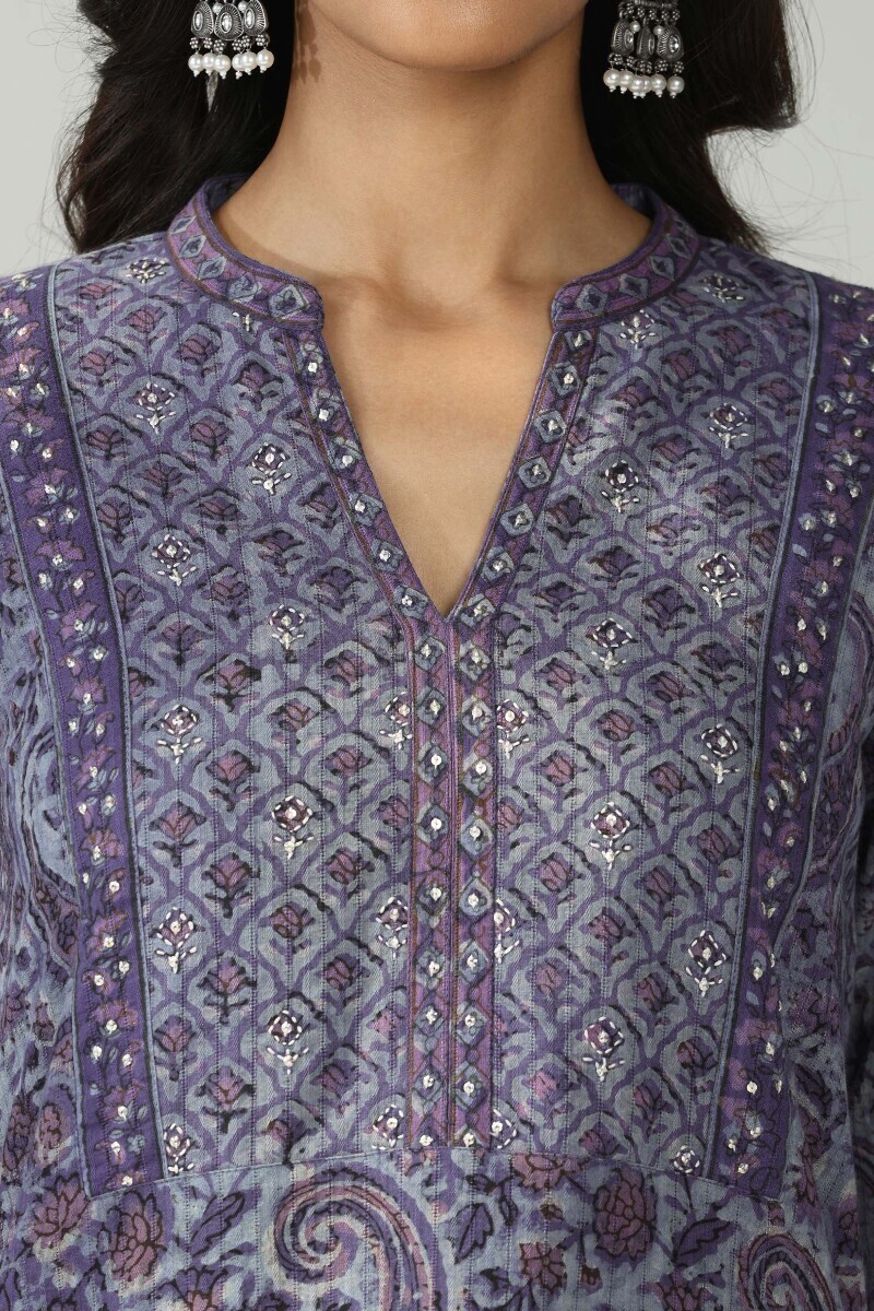 Purple Hand Block Printed Straight Cotton Dobby Kurta