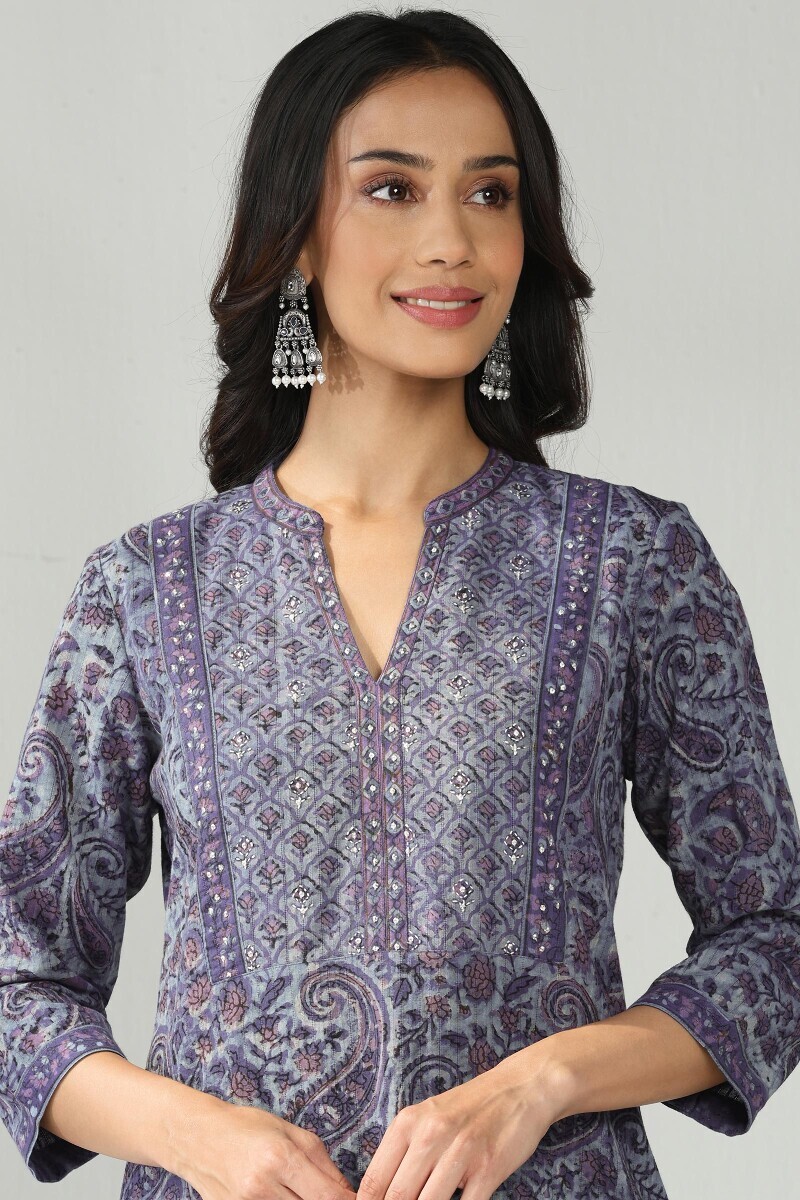 Purple Hand Block Printed Straight Cotton Dobby Kurta