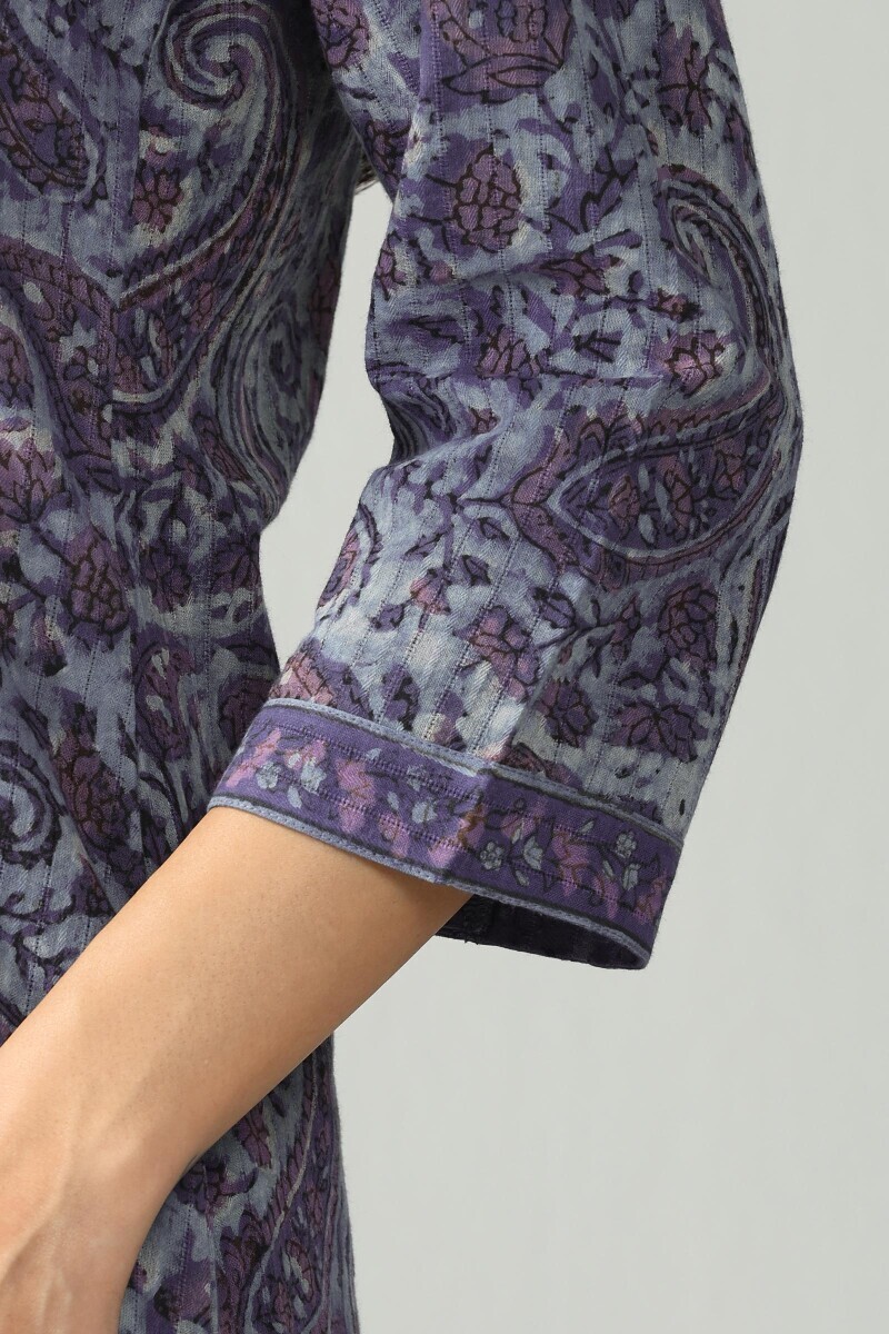 Purple Hand Block Printed Straight Cotton Dobby Kurta