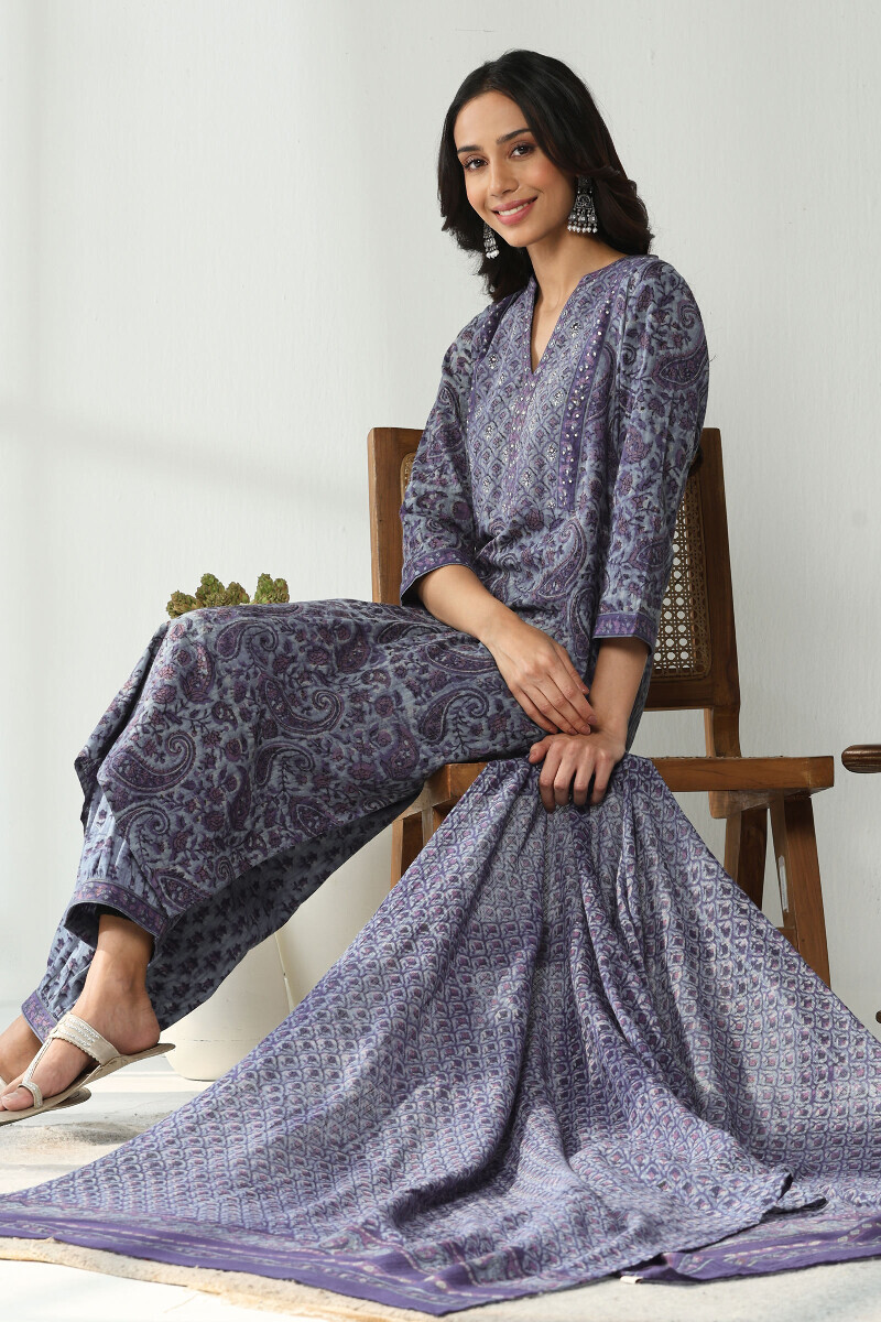 Purple Hand Block Printed Straight Cotton Dobby Kurta
