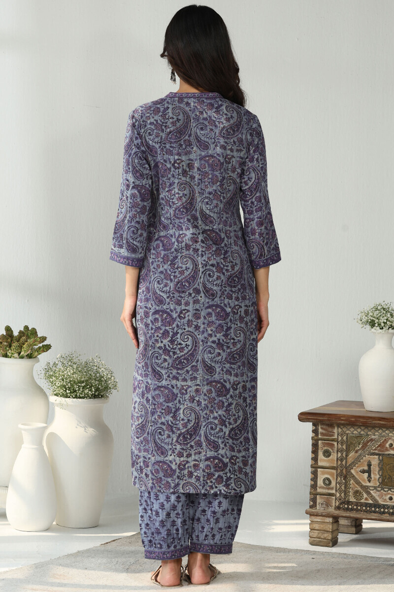 Purple Hand Block Printed Straight Cotton Dobby Kurta