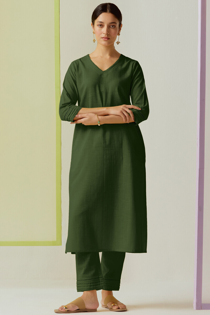 Green Handcrafted Straight Gauze Slub Kurta