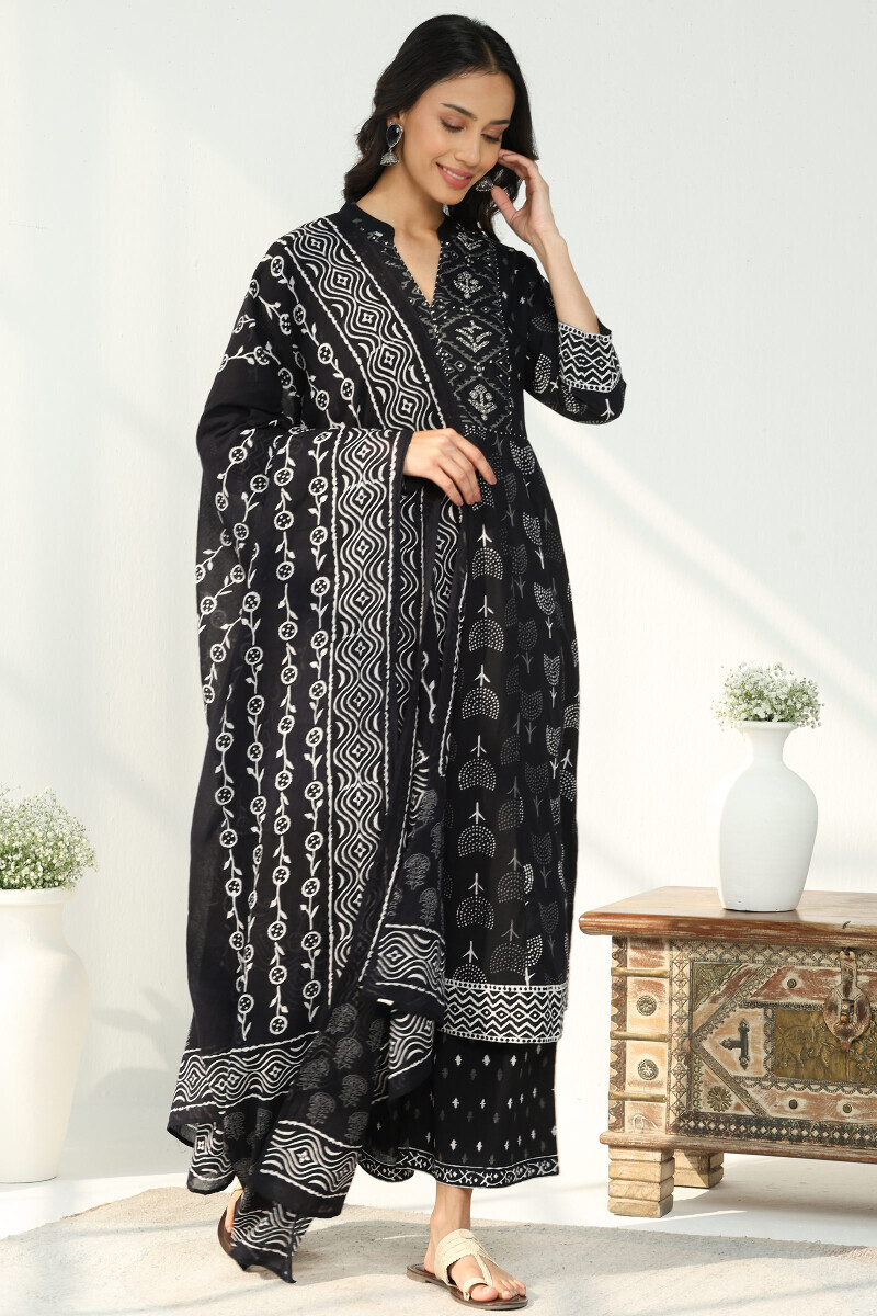 Black Hand Block Printed Anarkali Cotton Kurta