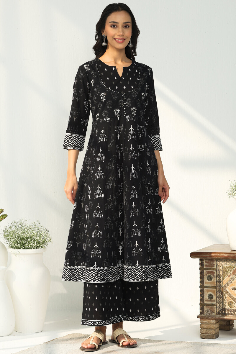 Black Hand Block Printed Anarkali Cotton Kurta