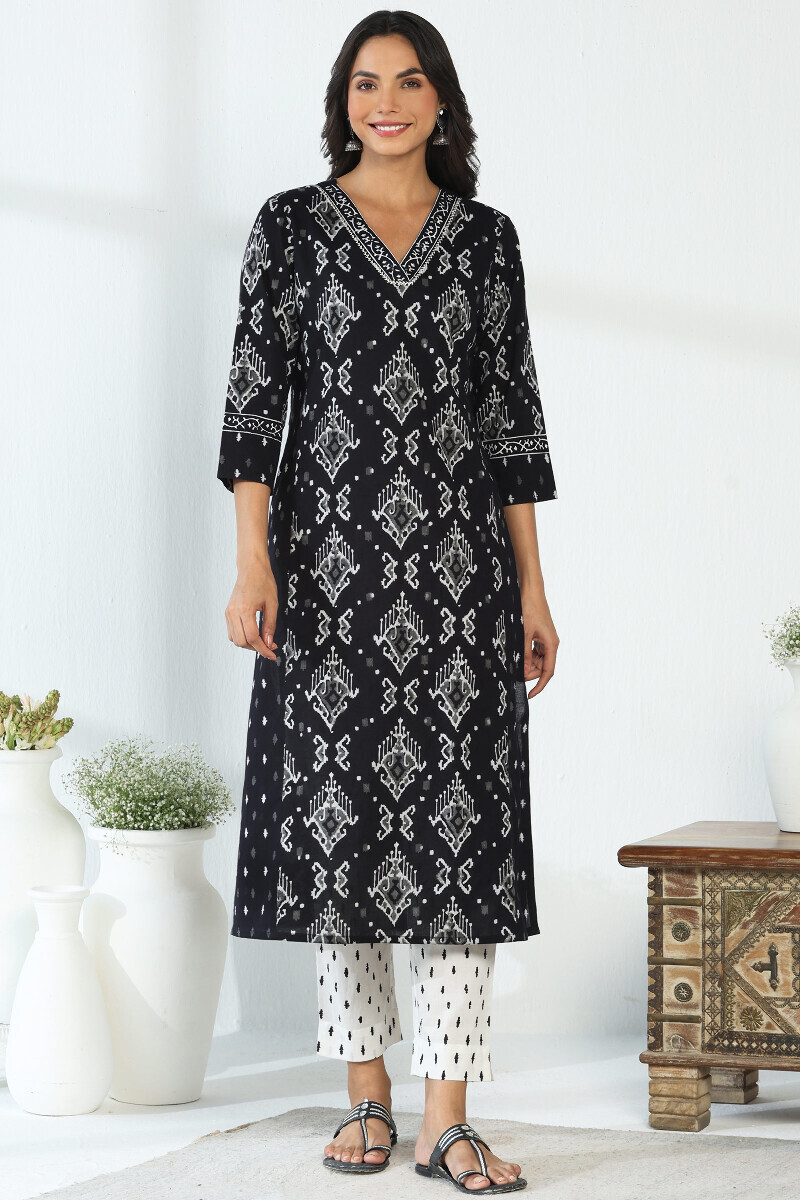 Black Hand Block Printed Straight Cotton Kurta