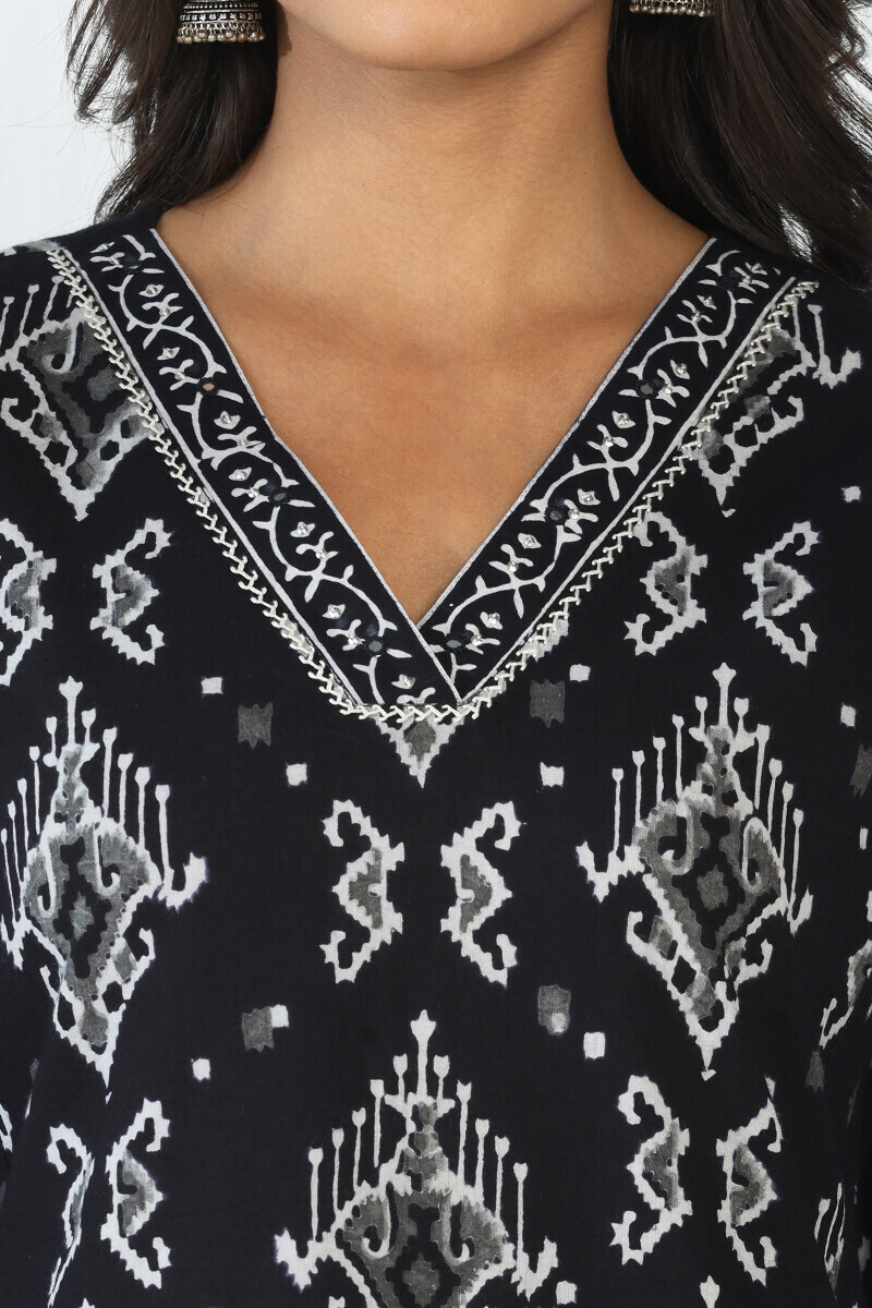 Black Hand Block Printed Straight Cotton Kurta