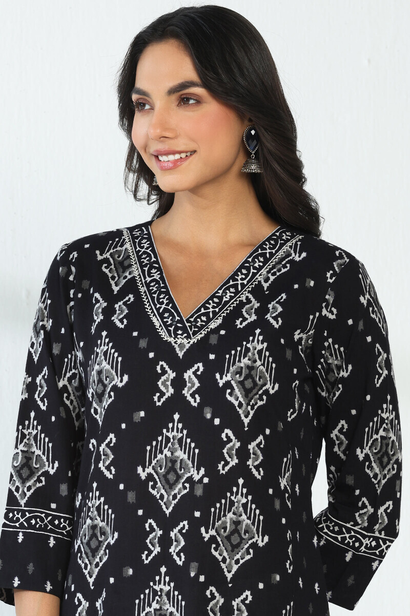 Black Hand Block Printed Straight Cotton Kurta