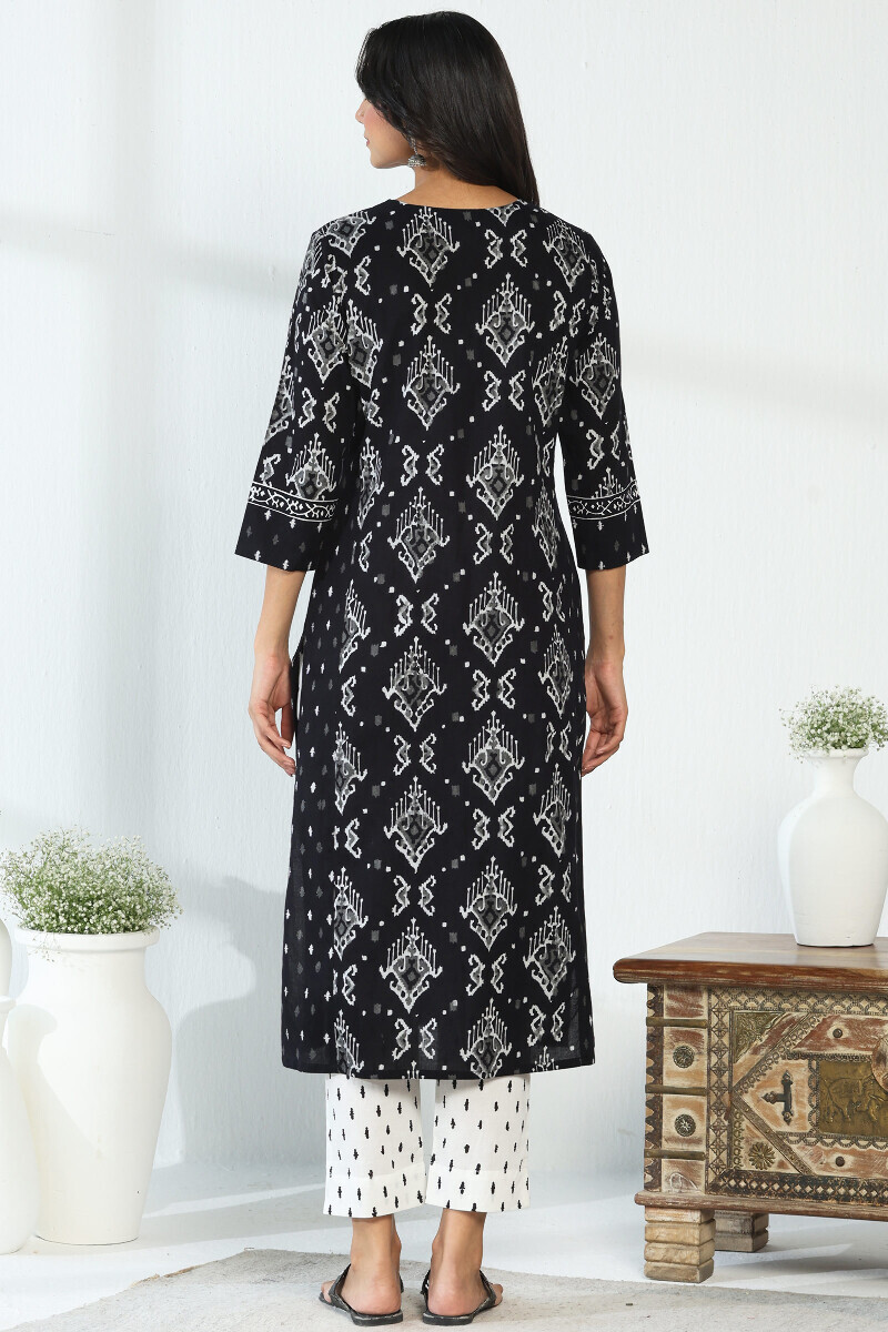 Black Hand Block Printed Straight Cotton Kurta