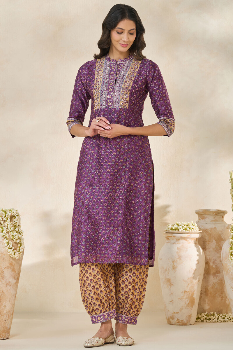 Purple Hand Block Printed Straight Chanderi Kurta