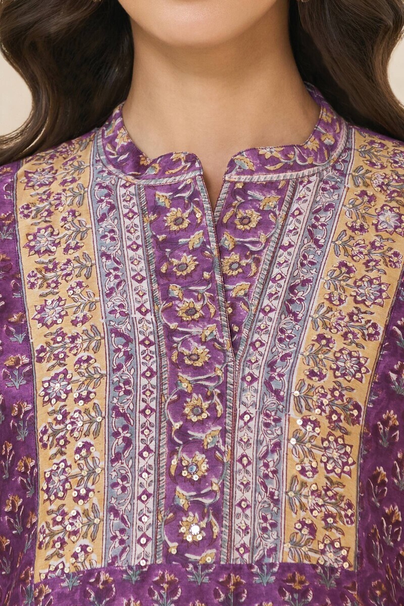 Purple Hand Block Printed Straight Chanderi Kurta