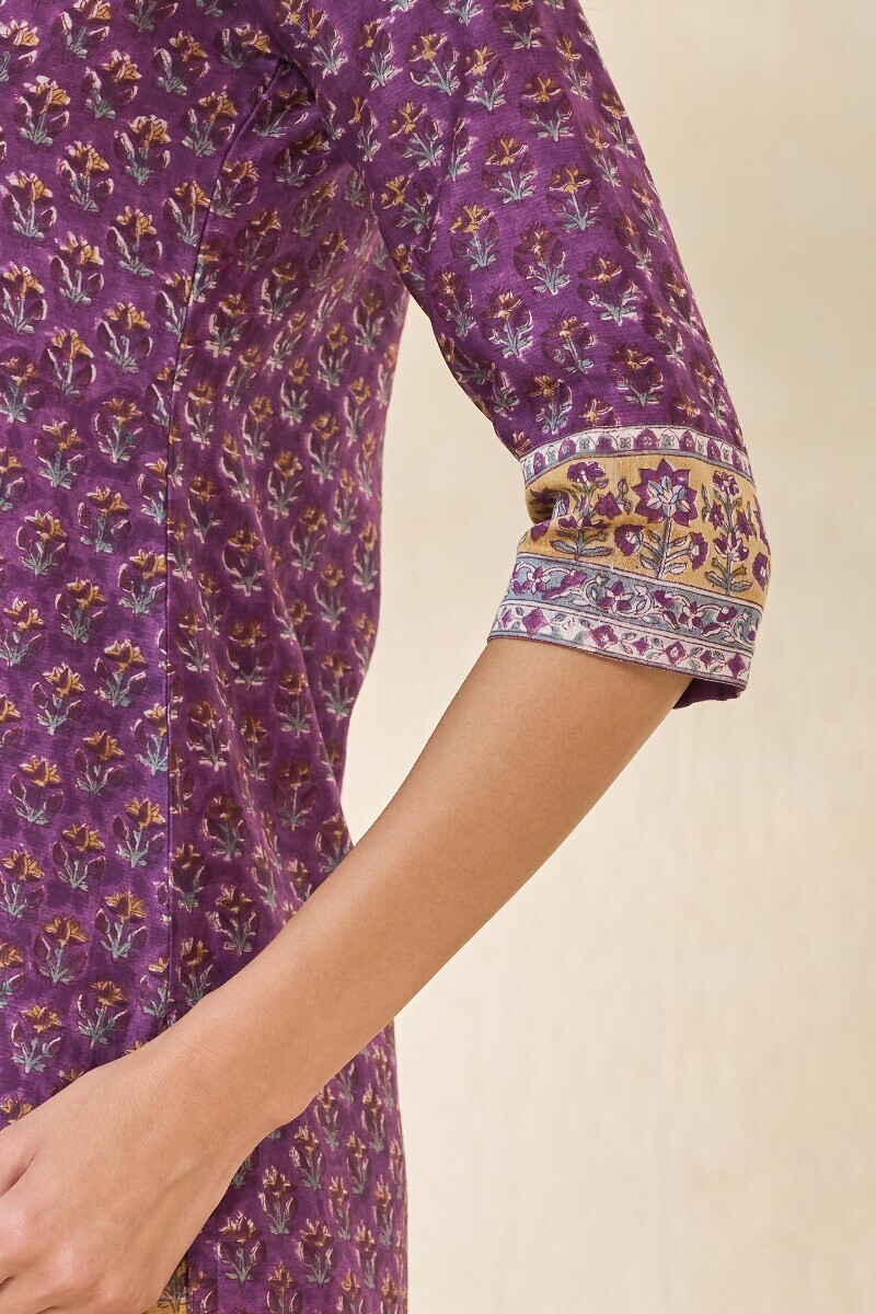 Purple Hand Block Printed Straight Chanderi Kurta